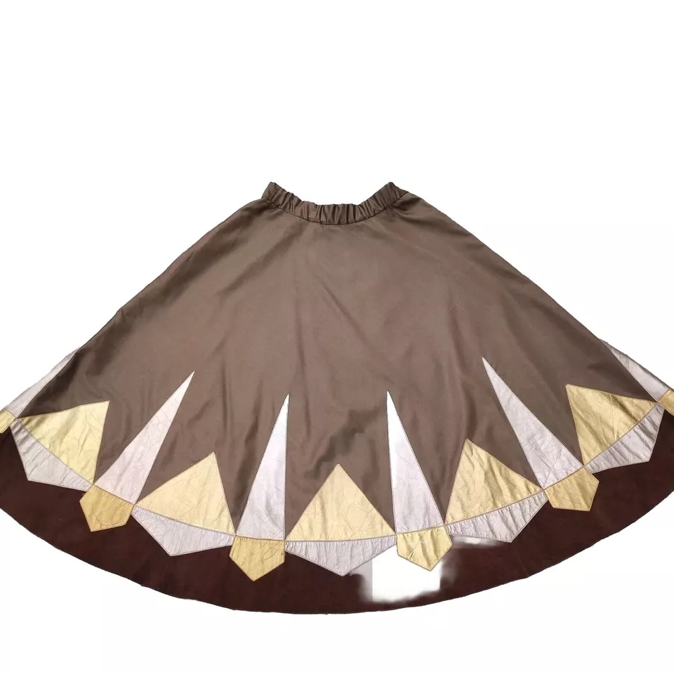 🎁Falda Acampanada Midi Cuero Genuino Gamuza Aplicación Geométrica Algodón Talla M Marrón  Foto 3 de 4