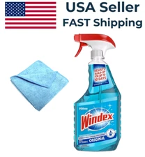 Windex Glass and Window Cleaner Spray Bottle, Original Blue, 23 fl oz With Rag
