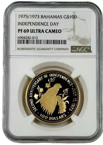 1975/73 Bahamas Gold $100 Parrot Independence Day 0.2895 oz Coin NGC PF 69 UC