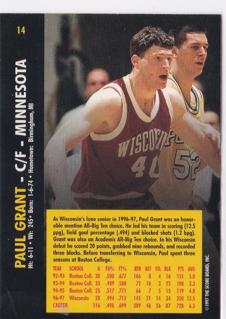 1997-98 Score Board Basketball Rookies Paul Grant #14 Wisconsin