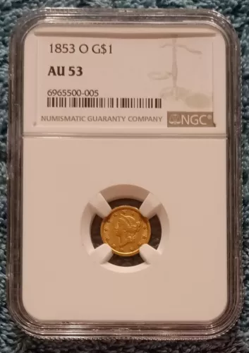 1853-O Type 1 gold Dollar, New Orleans Mint, NGC AU-53