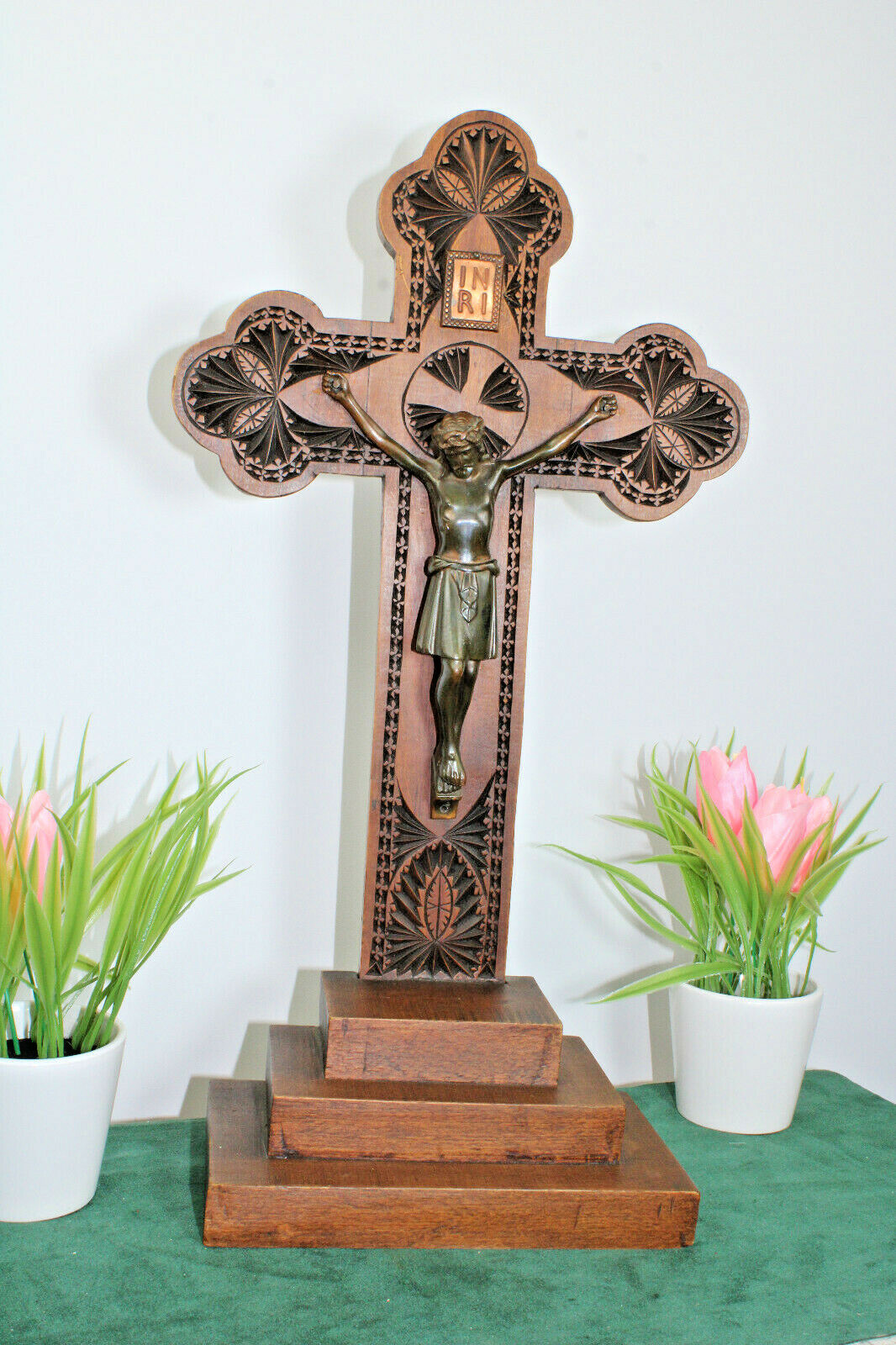 Antique dutch frisian wood carved crucifix cross religious cross 