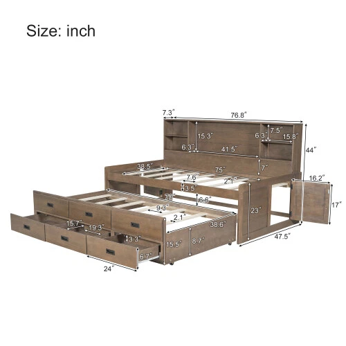 Двухместная/полная шезлонг с ящиками для хранения и книжными шкафами на колесиках капитанская кровать диван-кровать - Изображение 2 из 4