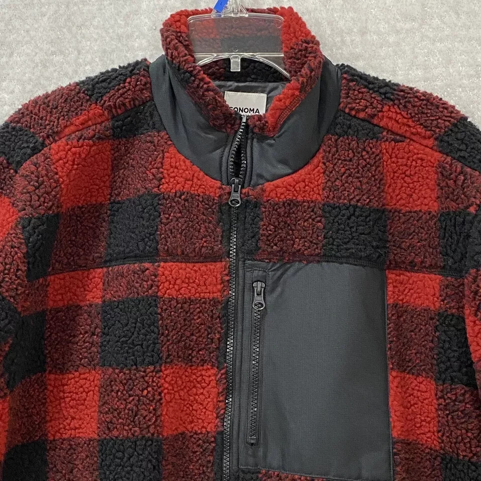 NEW Sonoma Sherpa Jacket Buffalo Plaid Men's LARGE Red Black Lined