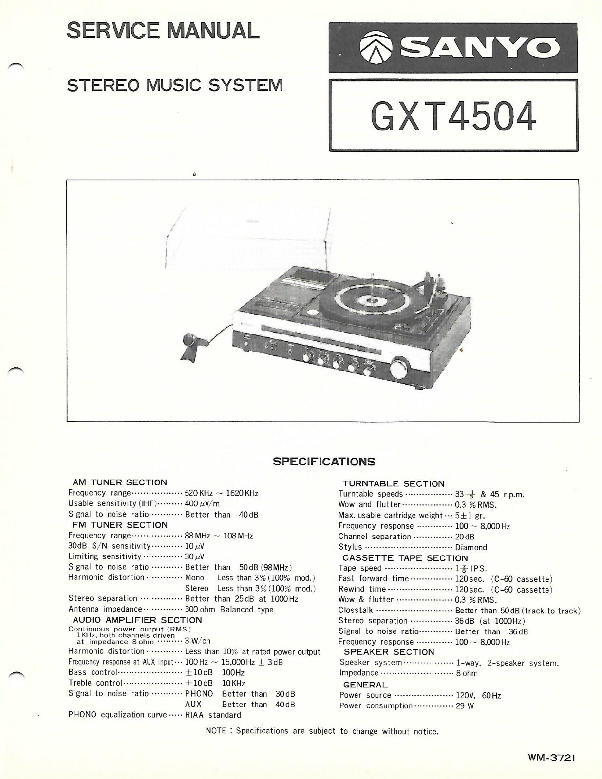 SANYO GXT4504 STEREO MUSIC SYSTEM FACTORY REPAIR SERVICE MANUAL ENGLISH