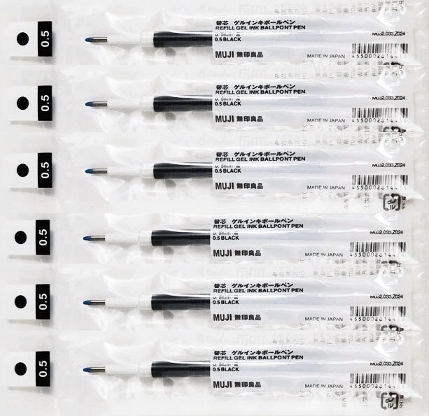 Muji Gel Ink Ballpoint Pen Refills, Black, 0.5mm, Pack of 6 - For Muji Gel  Ink