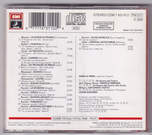 *** Mirella Freni _ Airs d'Opéras *** 1989 ♪ CD ♫ CDM 7 631102 _ {SEHR GUTER ZUSTAND} - Bild 2 von 2