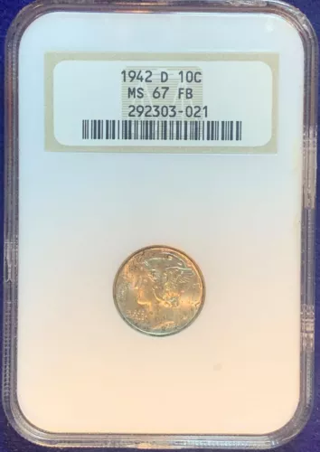 1942-D Silver Mercury Dime NGC MS 67 FB. GEM BU Full Bands!