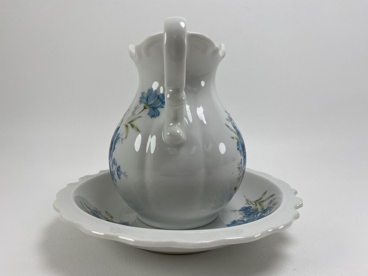Vintage Inarco Blue Floral Pitcher And Bowl Set E-4542 Vintage Inarco Blue Floral Pitcher And Bowl Set E-4542