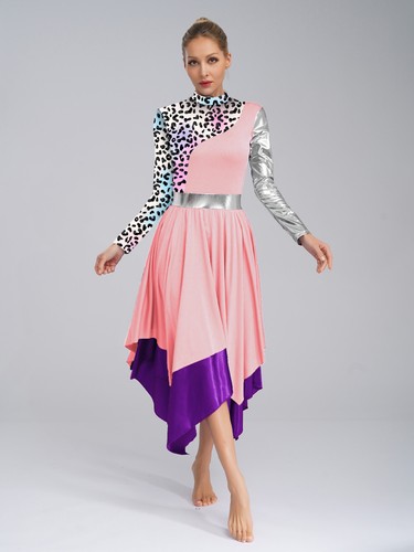 Women Lyrical Dance Dresses Tunic Liturgical Dancewear Patchwork Print Costume - Picture 60 of 68