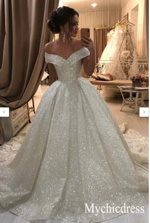 Sparkle Princess Wedding Dresses A Line with Sweep Tull Train Bridal Gowns - Image 4 of 4