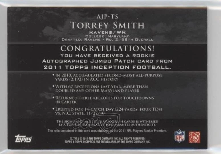 2011 Topps Inception Rookie Grey /75 Torrey Smith RPA Jumbo Patch Auto RC - Image 2 of 2