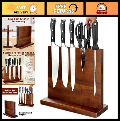 Double-Sided Magnetic Knife Block Rack - Strong Acacia Wood Storage Stand - Dark
