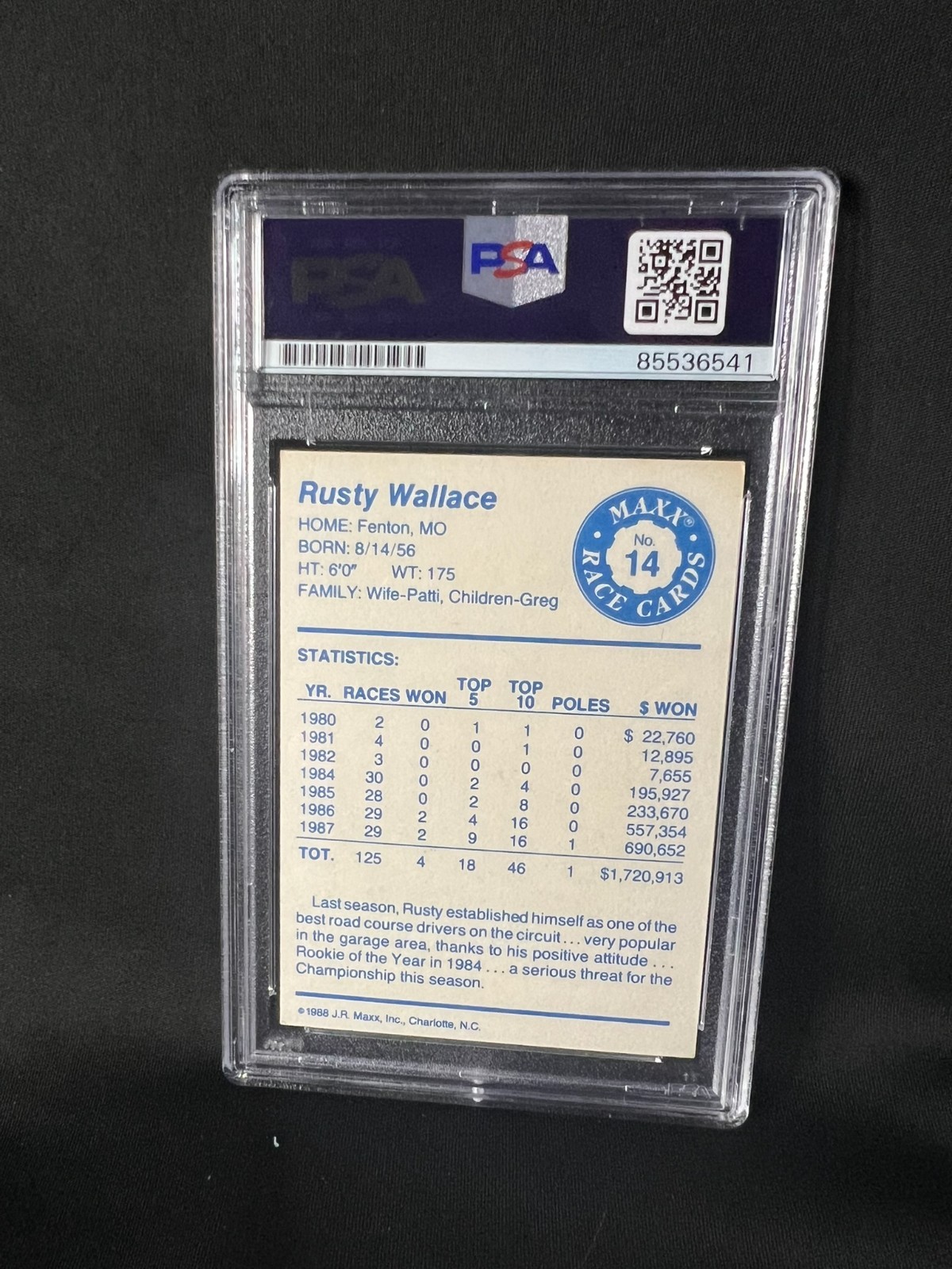 1988 Maxx #14 Rusty Wallace Autographed Rookie Card RC NASCAR Signed Auto PSA view 2