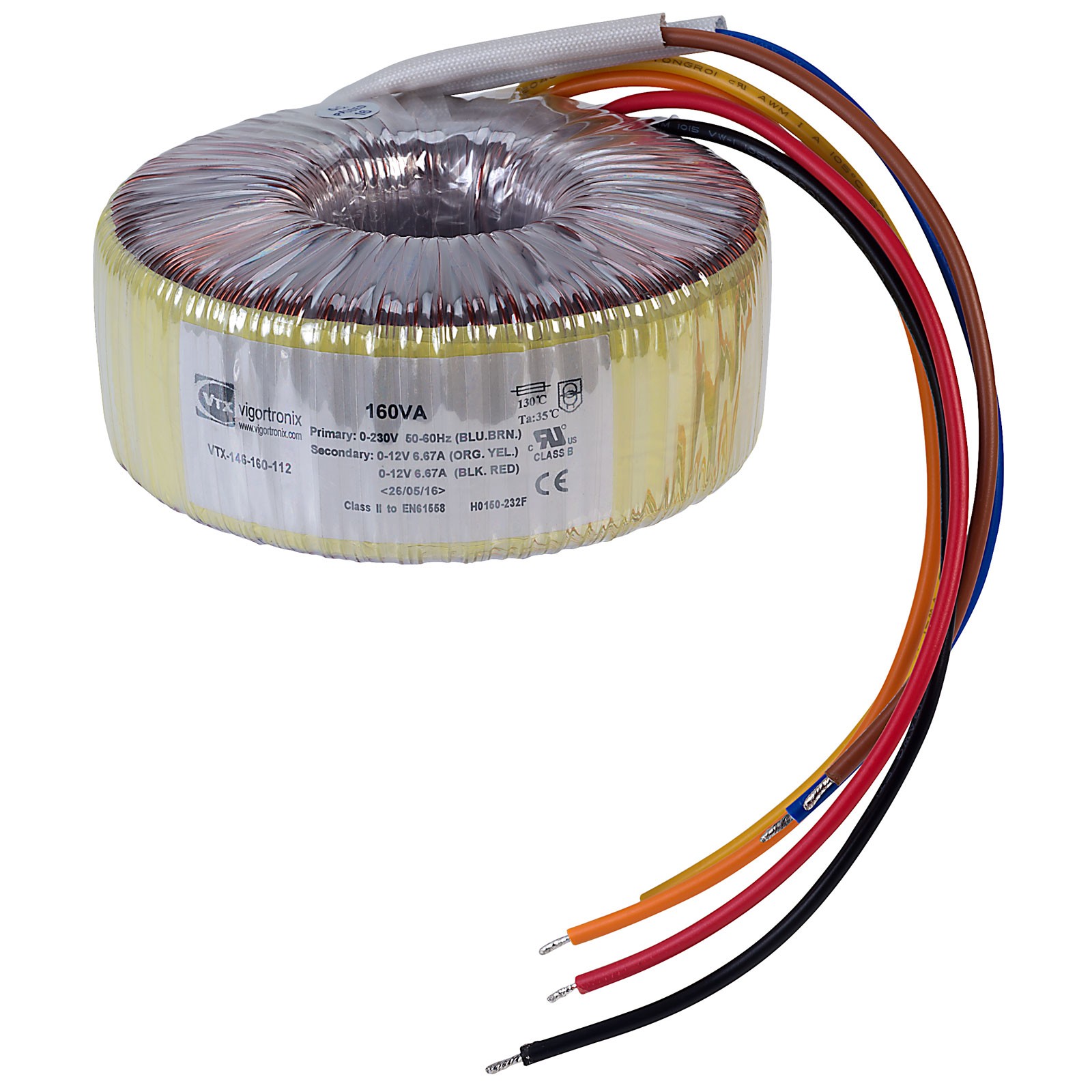 Vigortronix Toroidal Transformer 230V Single Primary 160VA 0-12V