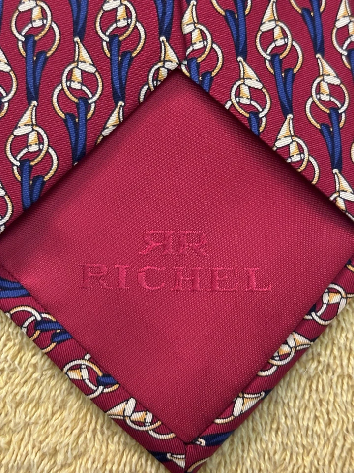 Richel 100% Silk Tie Spain Red w/ Blue & Gold Equestrian Print 3.5"W x 57"L GUC - Image 4 of 4