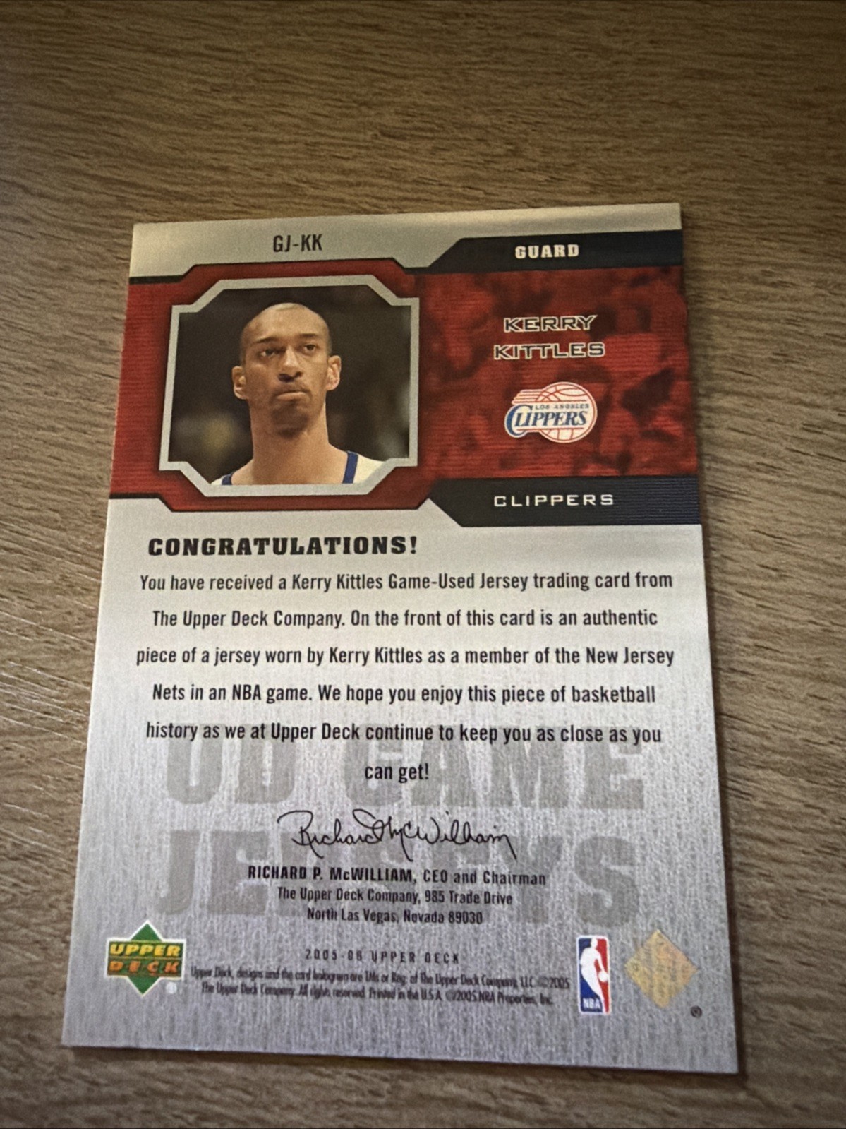 Kerry Kittles 2005 Upper Deck Game Used Jersey Card #GJ-KK.LA Clippers. MEM view 2