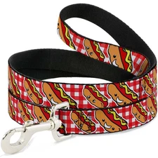 Dog Leash Hot Dogs Buffalo Plaid White/Red NARROW 0.5"