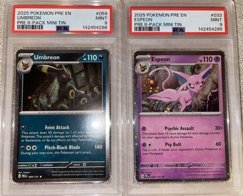 Umbreon #059 & Espeon #033 8 Pack Mini Tin Holo Cosmos SWIRL PSA 9 MINT Regrade?