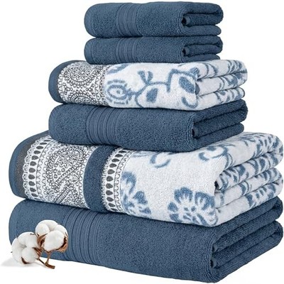 6-Piece 100% Cotton Towel Set   Reversible Yarn Dyed Navy Floral Trail