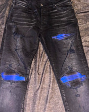 AMIRI Men s Black Dark Wash Distressed Skinny...