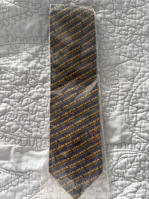 PFIZER Gold Silk Necktie Viagra Tablets Blue Pill Gold Navy Novelty Tie Rare