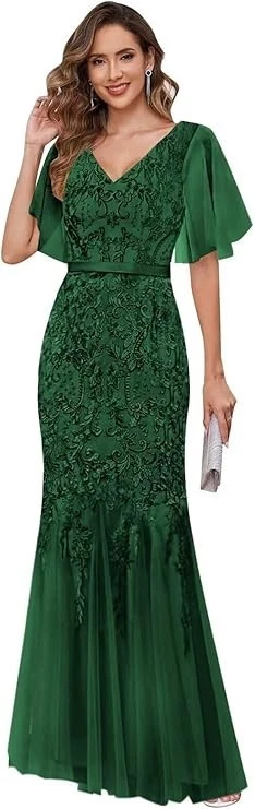 long elegant dress with sleeves Classy V-Neck Evening Dress with Long Sleeves and Beadings main image 0