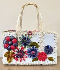 Vintage 1960s Raffia Straw Box Purse Woven Floral White Vinyl Mid Century Bag