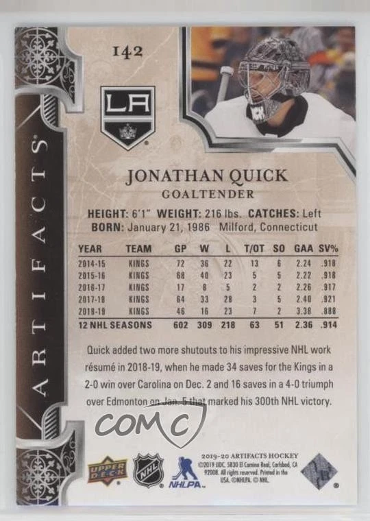 2019-20 Upper Deck Artifacts Stars Emerald /99 Jonathan Quick #142 - Image 2 of 2