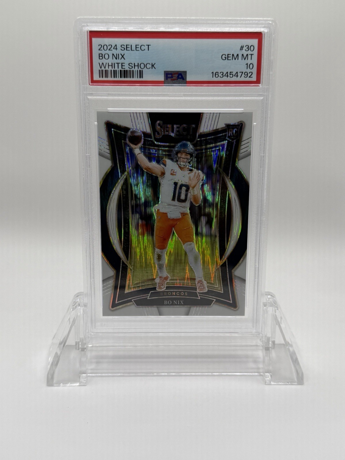 2024 Panini Select - Concourse Bo Nix #30 White Shock Prizm /199 (RC) PSA 10