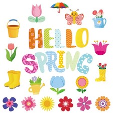 Hello Spring Floral Flower Plants Bulletin Board Accent Cutouts 68 Pcs Set