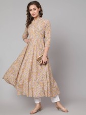Yellow Kurta Women Floral Printed Flared Anarkali Kurti Dress NEW