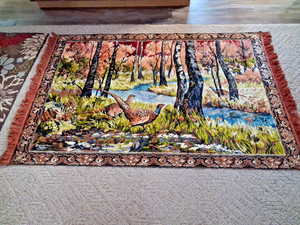 VTG LARGE BIRD TAPESTRY VELVET LANDSCAPE PHEASANT WALL HANGING RUG WITH FRINGE