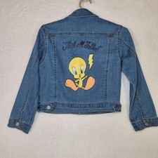 Looney Tunes Tweety Bird Denim Jacket Kids Medium 7/8 Blue Jean Graphic Trucker