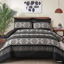 Black Comforter Set Queen Size,7 Pieces Boho Striped Bed in a Bag Aztec Western