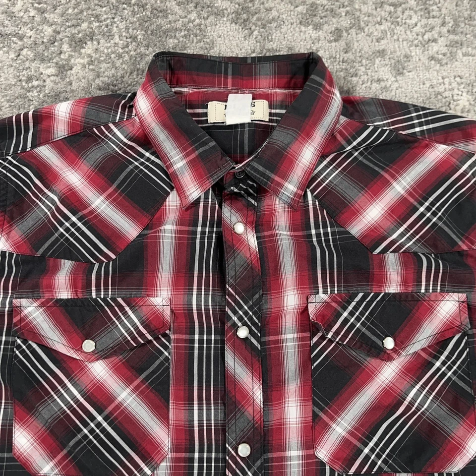 VTG Duke Jeans Shirt Mens XL Red Black Plaid Western Pearl Snap Short Sleeve - Image 2 of 4