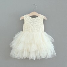 Baby Toddler Lace Flower Girl - Ivory Tulle Dress for Baby Girls - V Back Dress