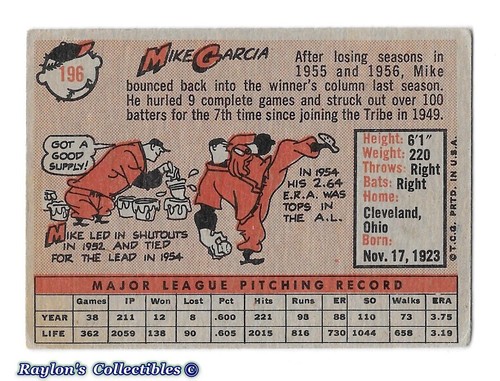 ⚾️ 1958 ~ Topps #196 ~ Mike Garcia ~ Indians ~ Good=2 (Marked) - Picture 2 of 2