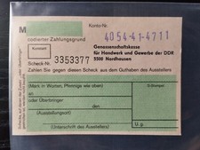 Scheck Genossenschaftkasse Nordhausen, do 1990, druk GVV Gotha 1985, NRD