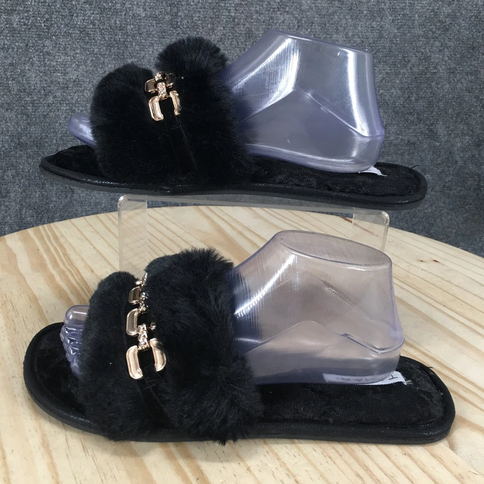 Tahari Sandals Womens 9 Slip On Slides Black Faux Fur Casual Open Metal NEW - Image 2 of 4