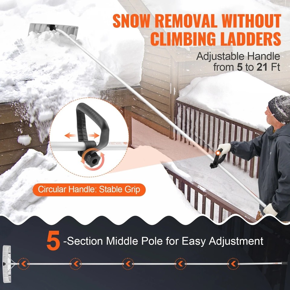Snow Rake 25'' Blade Snow Removal Tool 21ft Reach Aluminium Roof Shovel
