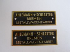 Ahlemann + Schlatter Bremen Metallwarenfabrik Messingschild Typenschild Lampe ne
