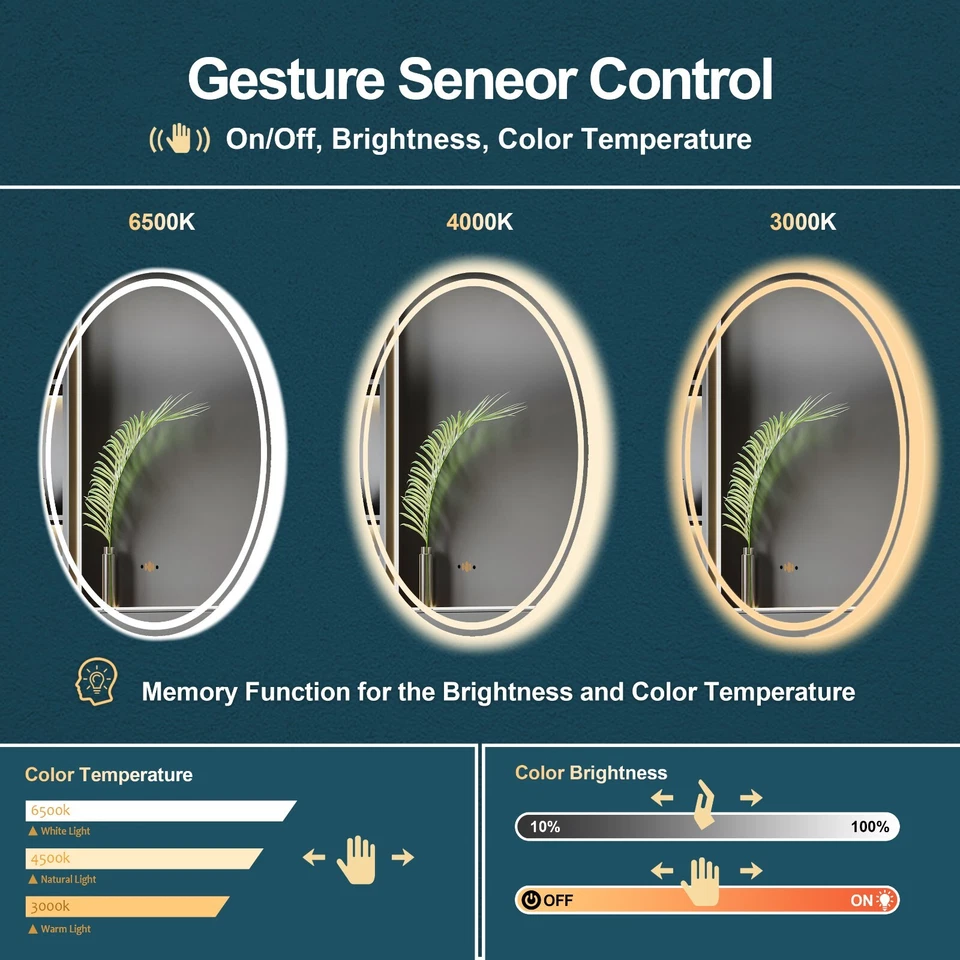 Espejo LED antiniebla 24""/30""/36"" para baño, espejo redondo inteligente iluminado Foto 4 de 4