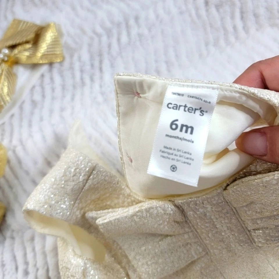 Carters cream gold color baby girl dress 6 months socks and head band - Image 3 of 4