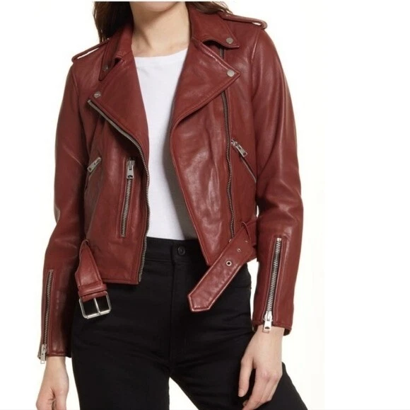 Burgundy leather moto jacket cheap