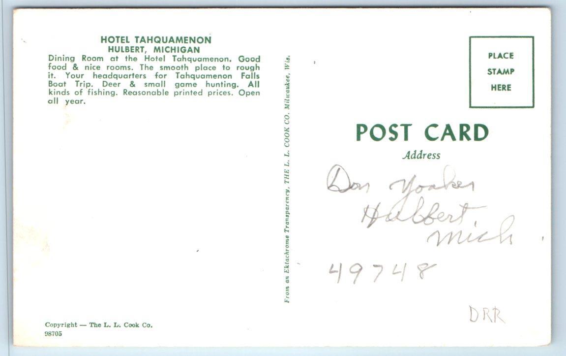HULBERT, MI Michigan Roadside HOTEL TAHQUAMENON Dining Room c1960s