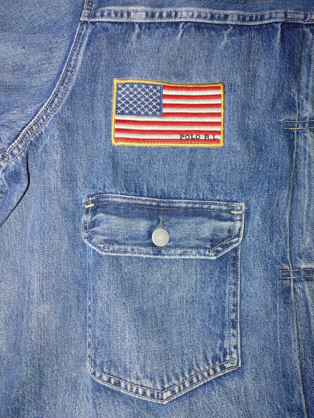 FILA Polo Ralph Lauren Mens 3XB Sportsman Trucker Denim Jean Jacket flag patch rowing