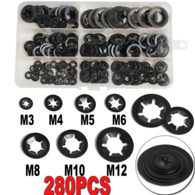 260/150-Piece Internal Tooth Star Lock Washer Assortment – Push-On Locking Clips, Quick Speed Nuts, Assorted Sizes, Fastener Kit Locking Star Nuts