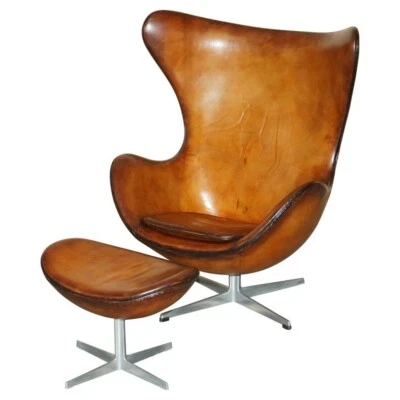 ORIGINAL FULLY RESTORED 1968 FRITZ HANSEN EGG CHAIR & FOOTSTOOL IN BROWN LEATHER - Image 1 of 4