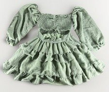 Windsor Sage Green Smocked Babydoll Dress L Cottagecore Puff Sleeve Ruffle Mini